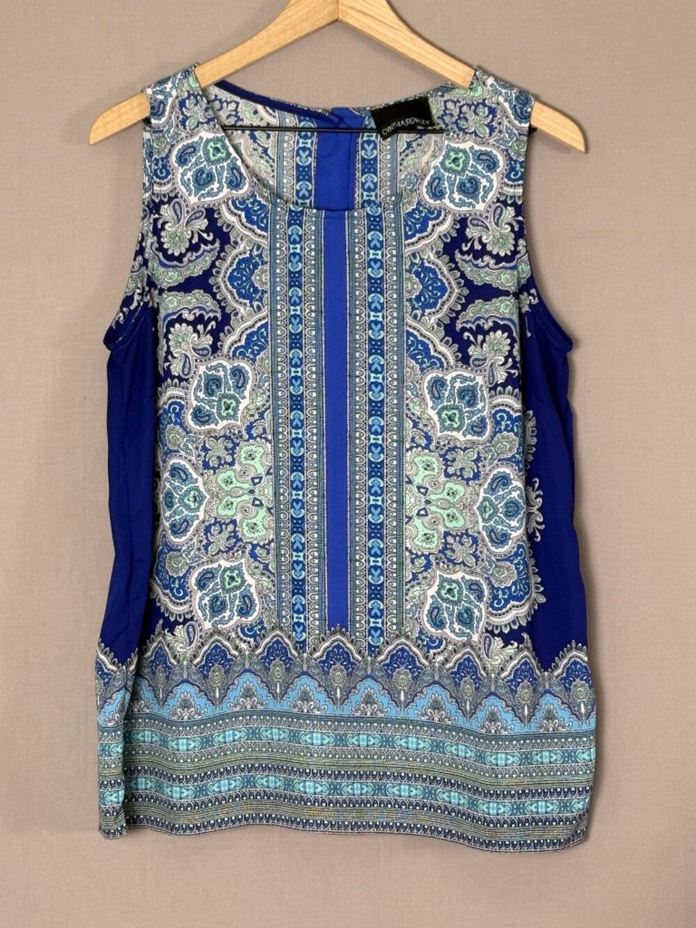 Cynthia Rowley Blue Paisley Sleeveless Blouse Size Large Boho Border Print Top